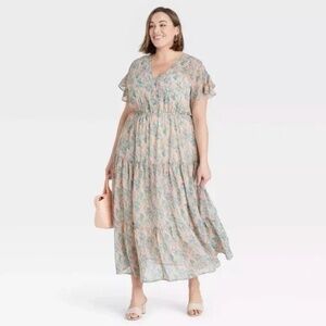 Ava & Viv Romantic Floral Sheer Maxi Dress Fantasy Size 3X (no lining included)